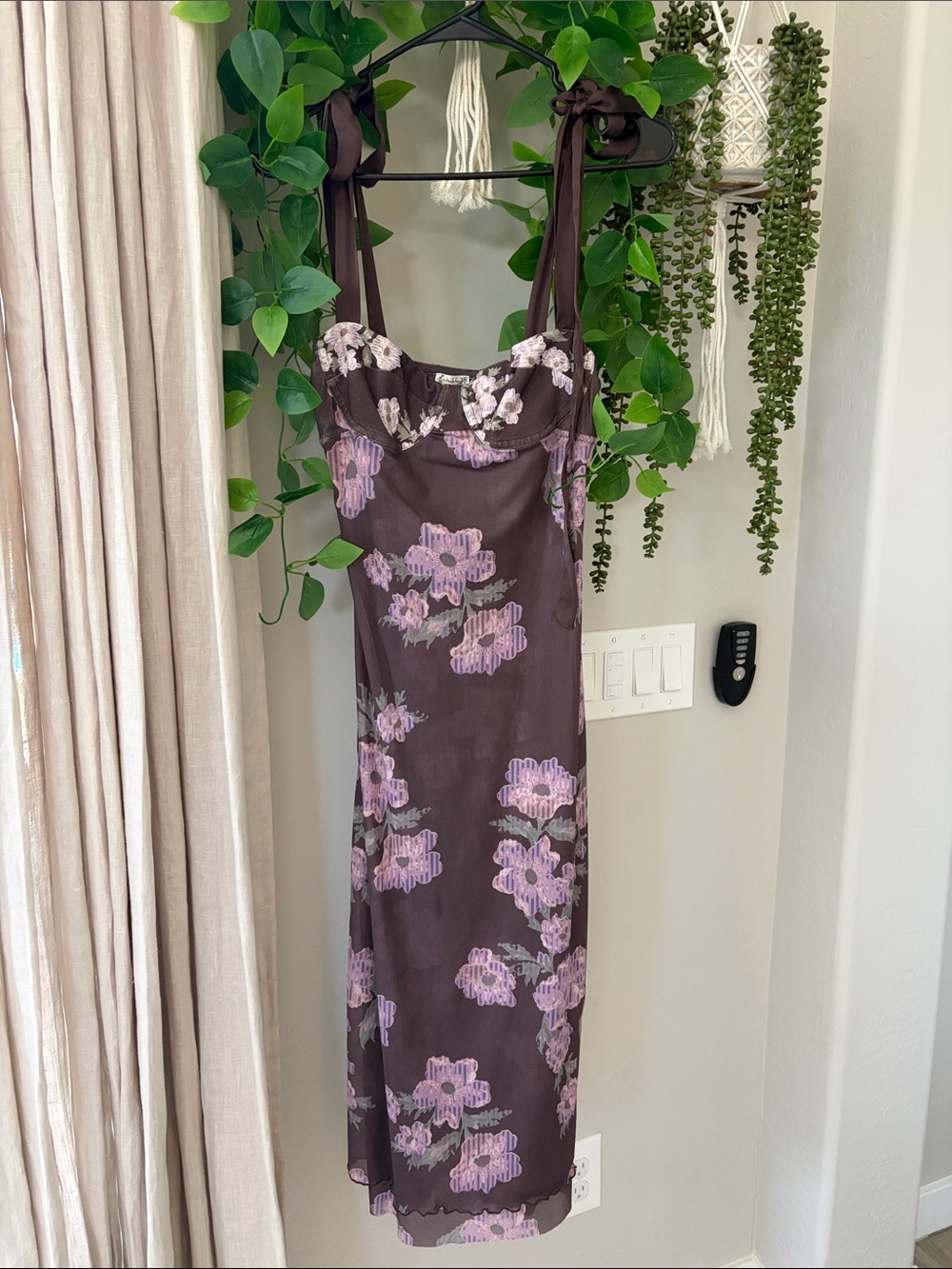 FREE PEOPLE | Brown Floral Midi Dress with Lilac Blooms